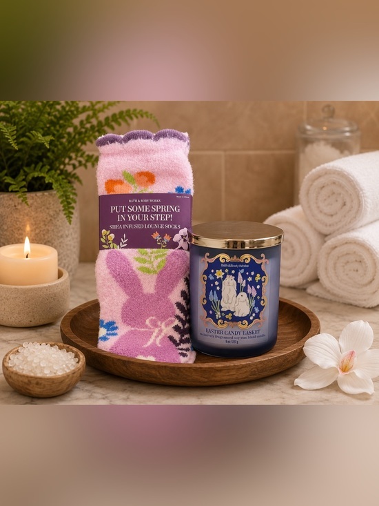 Bath & Body Works Other - Bath & Body Works Pink Bunny Lounge Socks & Easter Candy Basket Candle Set